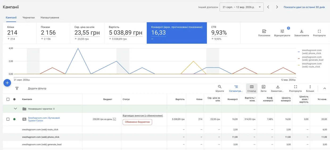 Google Ads, 21.08-12.09: 214 кликов, 2156 показов, CTR 9,93%, стоимость 5038,89₴.